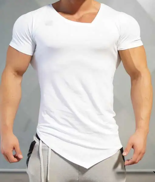 Camiseta de gimnasio asimétrica europea para hombre, MS-2247, cuello en V, bambú, elastano