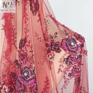 Nanyee Kain Pernikahan Manik-manik Merah Rubi Bordir Tangan Tekstil