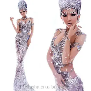 Sexy talla grande Halterneck brillante lentejuelas sirena etapa vestido desgaste