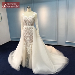 Dài Tay Áo Ngà Mermaid Wedding Dress Với Có Thể Tháo Rời Train