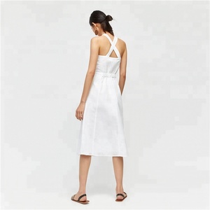 Donne Croce Bianca Posteriore Con Bottoni In Cotone E Lino Vestito Longuette - Product Image 4