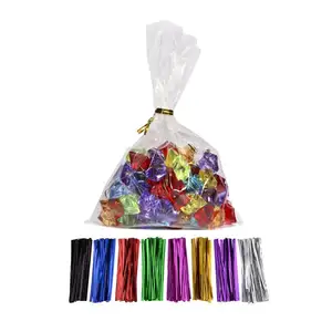 Clear Poly Cellophane Treat Bags with Metallic Twist Ties Heat Seal Handle for Food Candy Sugar Industry Use