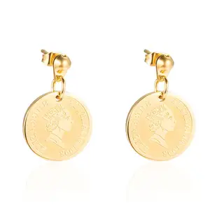 Marlary Fashion Retro 18K Gold Plated Stainless Steel Elizabeth Queen Head Stud Gold Coin Earrings