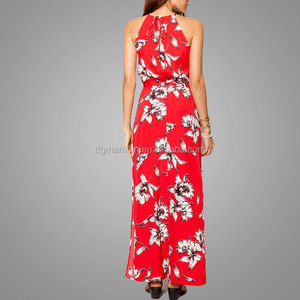 Verano de <span class=keywords><strong>las</strong></span> señoras rojo largo gasa de la impresión floral vestido sin mangas - Product Image 4