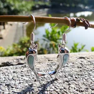 925 Sterling Silver Sea Fish Natural Blue Larimar Dangle dolphin Earring