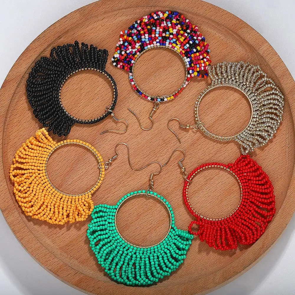 Artilady Statement Bohemian Beaded Earrings Mix Color Beaded Hoop Earrings Circle Dangle Earrings for Women