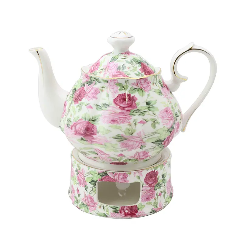 Goedkope Roze Rose Decoratieve Keramische Theepot Met Warmer