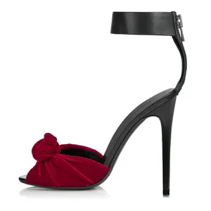 Toptan seksi siyah ayak bileği Wrap düğüm akşam elbise topuklu yüksek topuk Peep Toe yaz ayakkabı kadın kırmızı kadife dokuma sandalet
