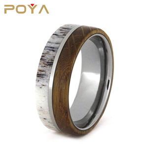 POYA 보석 8mm 위스키 배럴 나무 웨딩 밴드 남성 여성을위한 사슴 뿔 상감과 평면 가장자리 텅스텐 카바이드 링 - Product Image 2