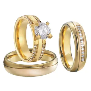Personalizado 3 pcs 14k gold filled chapada cubic zirconia anéis de casamento casal amante do anel de noivado de diamante jóias mulheres