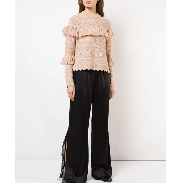 Trendy Girls Pink Sweater With Tassels Knitted Pullover Clothes Women