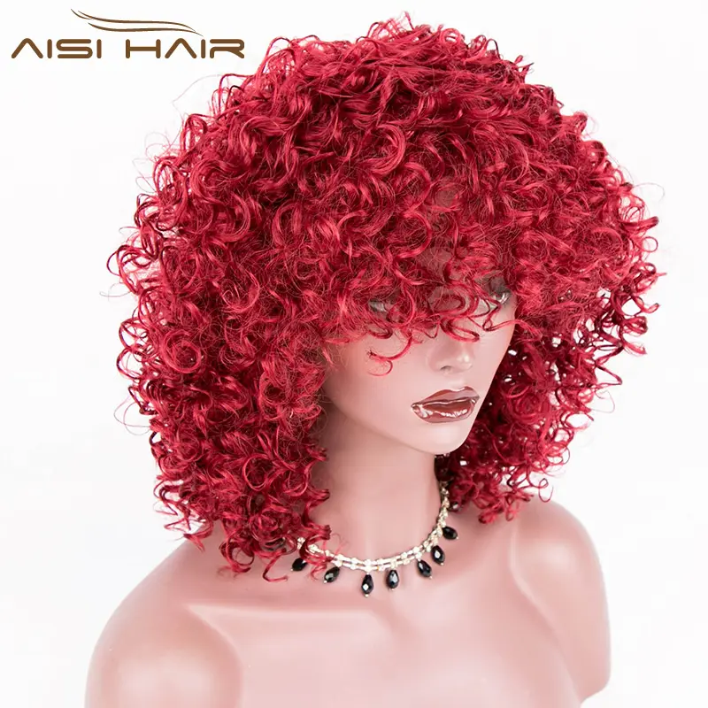 Aisi Haar Hoge Kwaliteit Fabriek Prijs Afro 14 Inch Synthetische Ombre Bruin Rood Haar Bob Pruiken Korte Kinky Krullend Pruiken Met Pony