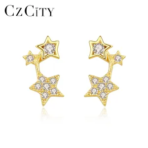 CZCITY Wholesale CZ Pave Star Brushed Earrings Sterling Silver Cute Korea Stud Earring Gift for Girl Fashion Jewelry