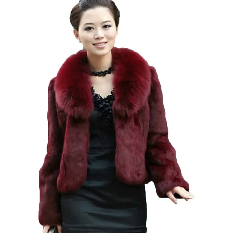 Autumn Winter Women Fur Coat Black Large Fur Collar Long Sleeve Solid color V-neck Slim Fashion Elegant Short Women Coat Warm