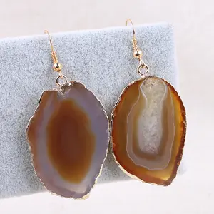 Gold Edge Geode Slice Druzy Earrings Agate Freeform Dangle Rock Crystal Quartz Boho Jewelry