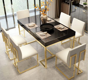 Mesa de comedor de mármol y madera, Marco clásico de acero inoxidable, alto brillo, 6 sillas, juego de muebles - Product Image 1
