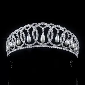 Custom made fashion crystal flower zilver grote volledige kroon zoetwater parels bruiloft zirkoon bridal tiara