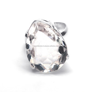 Anillo de Plata de Ley 925 con anillo de piedras preciosas tradicionales indias Chapado en plata, anillo de piedras preciosas facetadas de lágrima de cristal para regalo de boda - Product Image 1