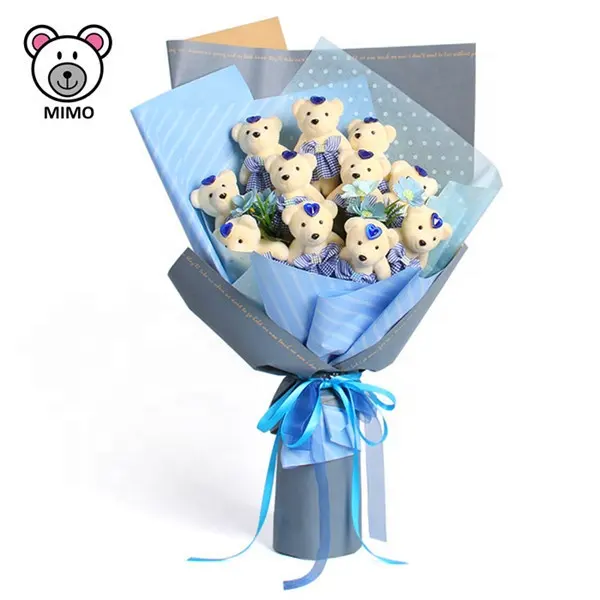 LOW MOQ 11 Pieces Cartoon Plush Toy Teddy Bear Flower Bouquet For Lover New Valentine Gift Pretty Blue Soft Plush Flower Bouquet