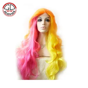 金色头发热卖美丽的卷发花边前合成彩虹假发