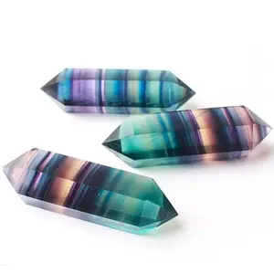 Drilled Crystal Healing Point Polished Rainbow Fluorite Double Terminated Crystal Point