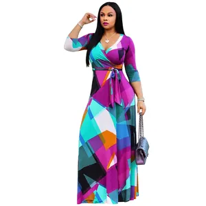 wholesale hot sale casual deep V neck print sexy long sleeve maxi dress women ladies dresses