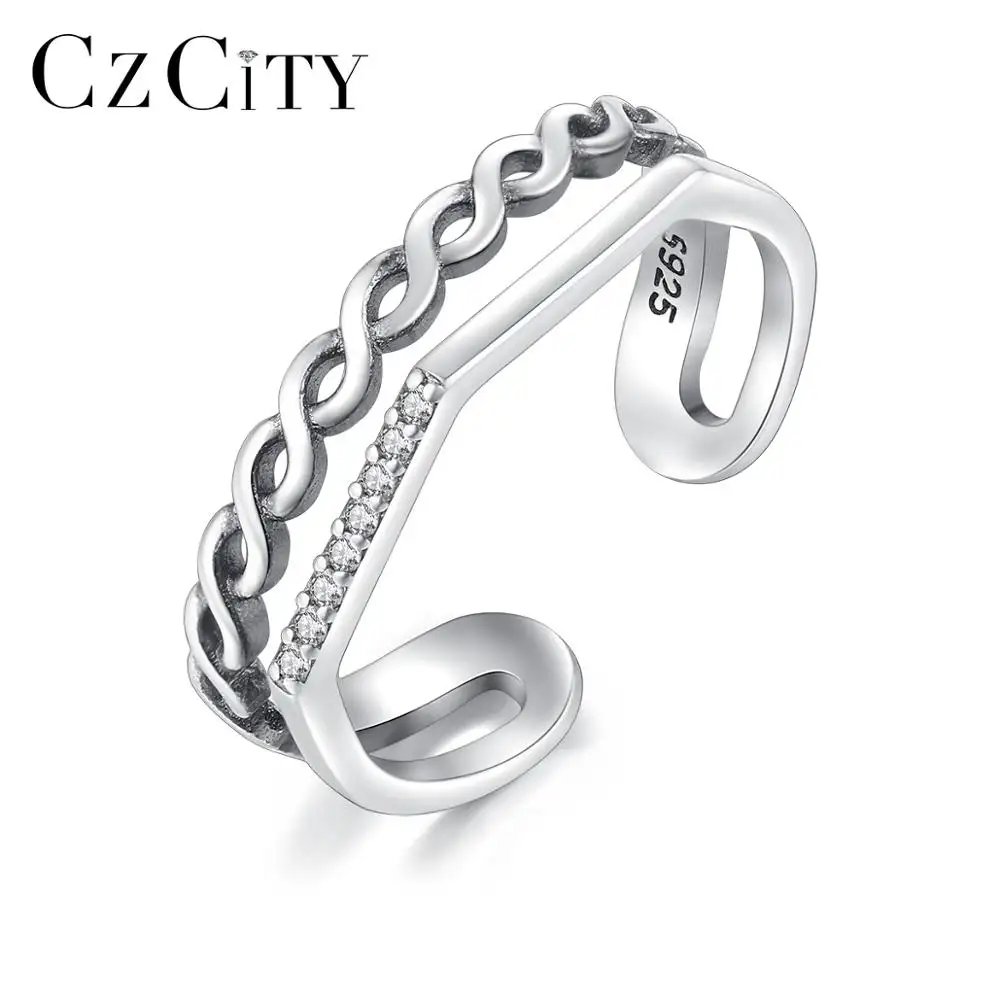 CZCITY Twisted 925 Sterling Open Silver Simple Small Beautiful 2021 Men Women Punk Chain Ring