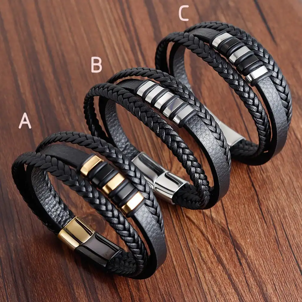 Bracelet en cuir véritable à fermoir magnétique, pour homme, bijoux masculins, 3 couches, nouvelle collection