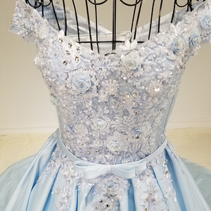 LS64111 fuera del hombro apliques elegantes vestidos con cinturón de encaje hasta satén azul claro prom vestidos de noche 2017 - Product Image 6