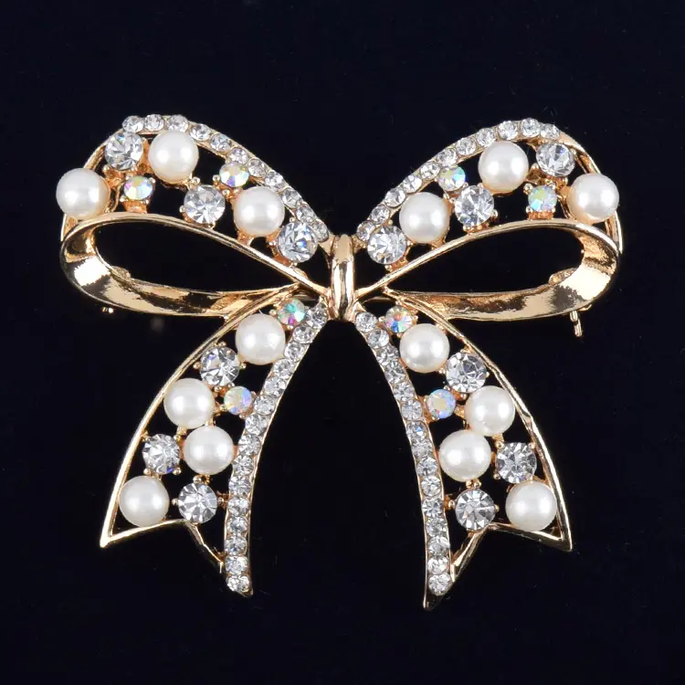 Popular Bonito Big Bow Down Collar Flor Broche Simulado Pérolas Broches de Strass Requintado