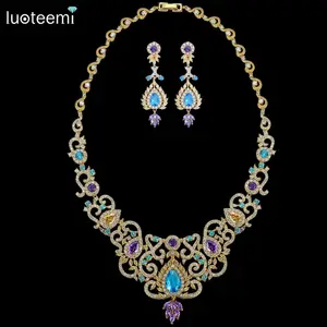 LUOTEEMI-Conjunto de joyería de lujo con zirconia cúbica, conjunto de joyería nupcial india, chapado en oro amarillo, CZ grande
