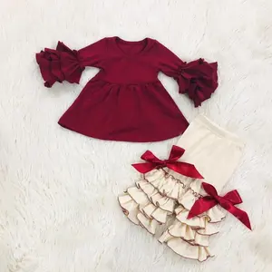 Großhandel Heißer Verkauf Kid Boutique Kleidung Sets Baumwolle Einfarbig Tunika Top & Matching Triple Rüschen Hose Set Mädchen Rüschen outfits