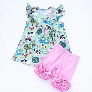 Pabrik Grosir Pakaian Anak-anak Kustom Musim Panas Trendi Ruffle Pakaian Bayi Perempuan 2 Piece Set