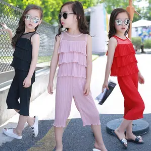 Sommer Chiffon plissiert 2pcs westliche Kinder Mädchen Kleidung setzt Mädchen Hersteller