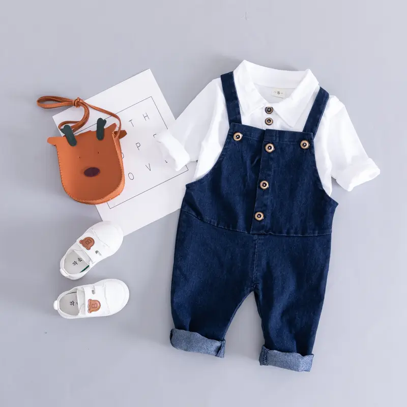 2018 새로운 디자인 가을 2pcs 솔리드 컬러 100% 코튼 셔츠 + 턱받이 바지 아기 옷 세트 포크