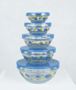 Ensemble de 5 bols en verre <span class=keywords><strong>pas</strong></span> <span class=keywords><strong>cher</strong></span> avec couvercles en plastique, saladier en verre pour la vente en gros - Product Image 2