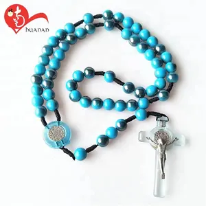 Kualitas Tinggi Biru Stone Bead Rosary Cross