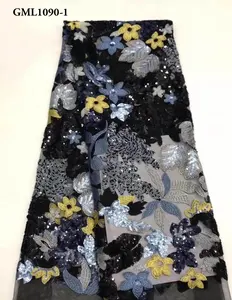 Polyester embroidery stones beaded dress tulle lace blue color women flower lace fabrics sequins
