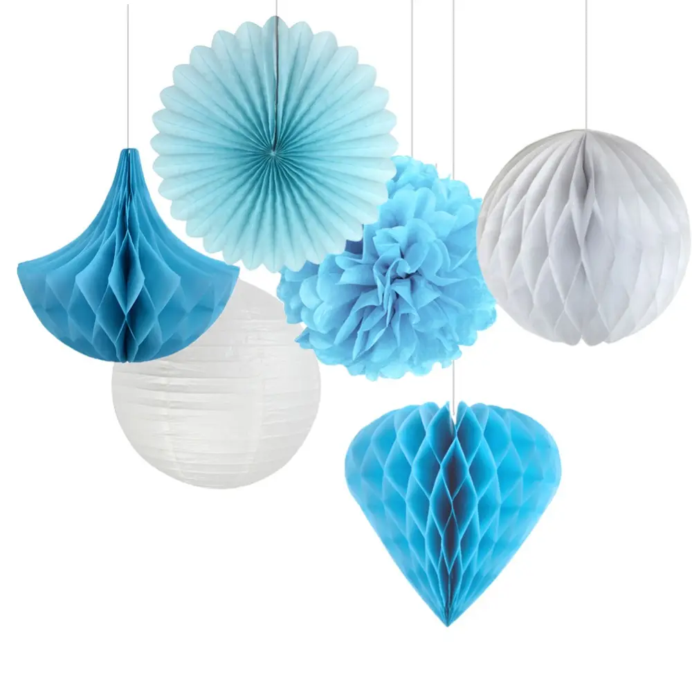 Paper Honeycomb Balls Fan Pom Poms Flower Six Pieces Set Wedding Lanterns Decorations