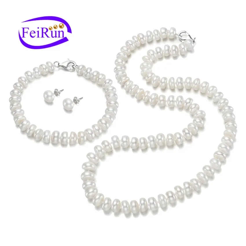 FEIRUN Set Perhiasan Bridel Pir Baru Putih, Kancing AA + 8Mm Perak 925