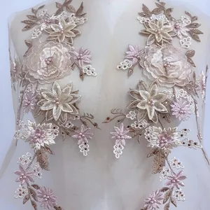 Penjualan Laris 3D Manik-manik Renda Applique Berlian Imitasi Kain Renda Bunga Mutiara untuk Gaun Pengantin, Gaun Ilusi, Haute Couture, Gaun