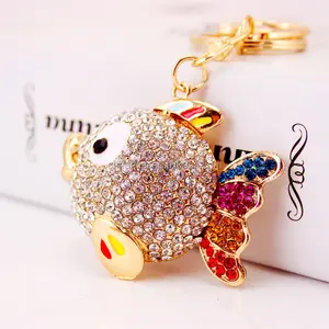 Cute Rhinestone Crystal Blue Goldfish Keychain Animal Fish Key Chain Key Ring Holder Bag Pendant Accessories Keyring Souvenir