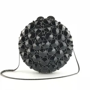 Round shape black rhinestone crystal clutch bag made in china OC3605