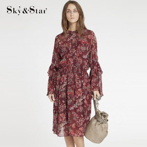 <span class=keywords><strong>Manga</strong></span> larga floral imprimir personalizado gasa <span class=keywords><strong>vestido</strong></span> <span class=keywords><strong>de</strong></span> midi - Product Image 1