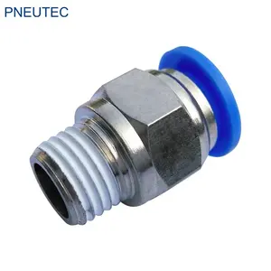 PNEUTEC 남성 스트레이트 PC8-01 8mm 스레드 1/8 황동 블루 버튼 공압 피팅 공기 압축기