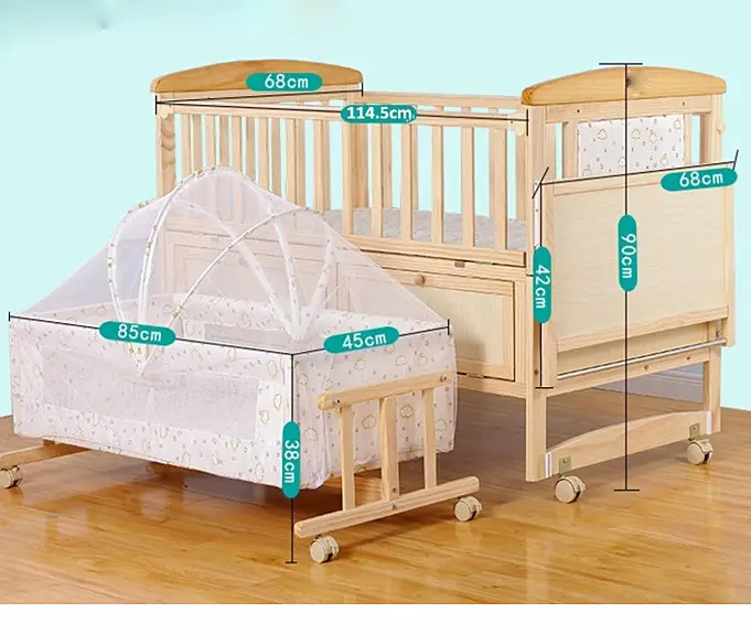 उच्च गुणवत्ता वाले बच्चे लकड़ी पालना/प्राकृतिक रंग पोर्टेबल multifunction के साथ बिस्तर पक्ष पालना