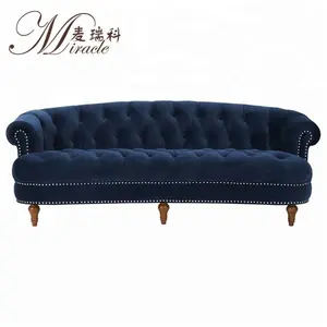 Customized beauty salon lobby furniture blue velvet tufted long couch