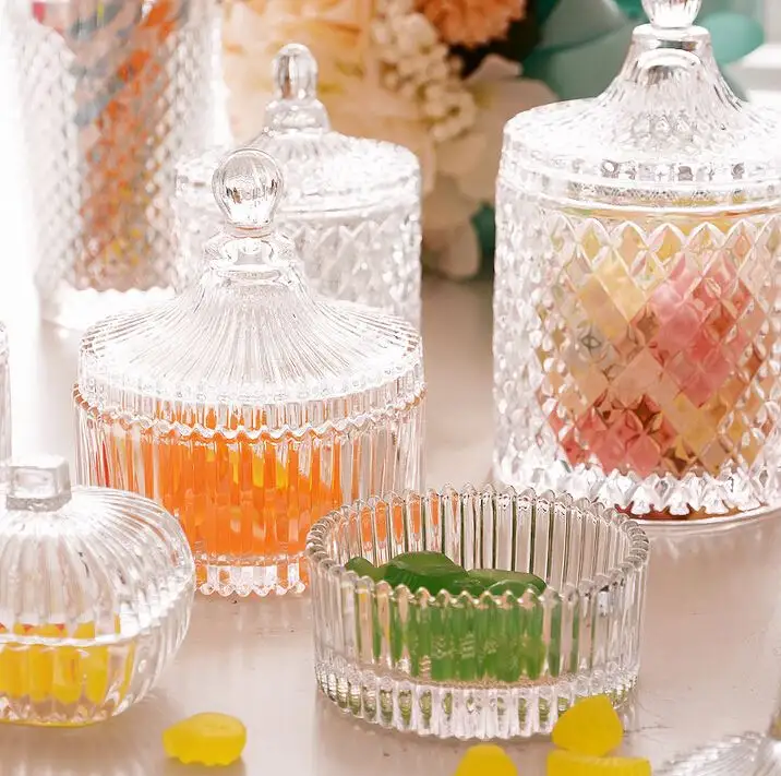 Transparente favores Mini diseño de cristal de caramelo de azúcar de tarro de cristal con tapa