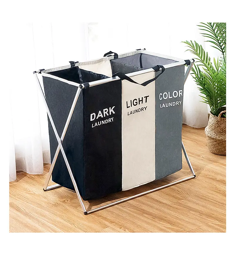 X-shape Foldable Dirty Laundry Basket Organizer Printed Collapsible Three Grid Home Laundry Hamper Sorter Laundry Basket