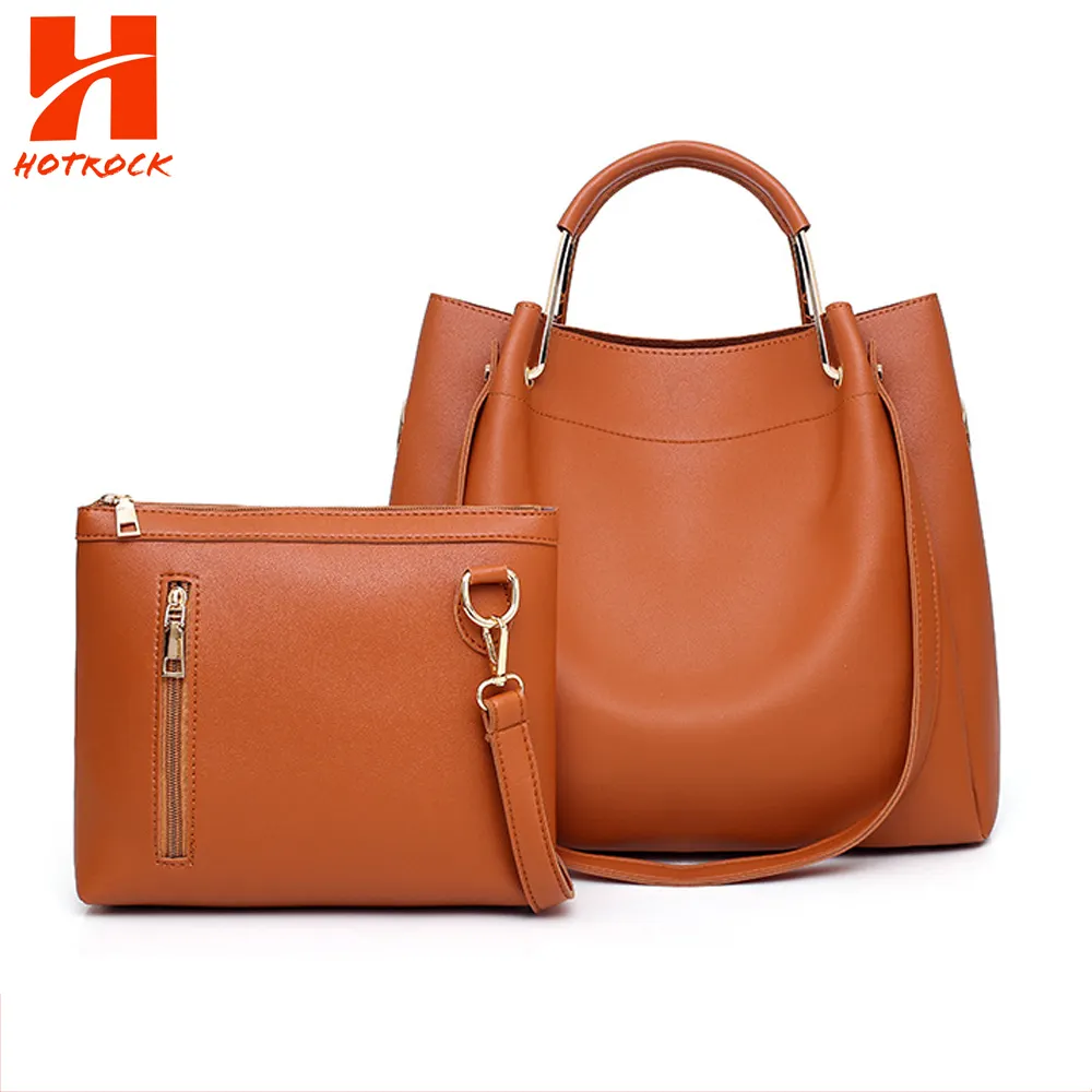 Western Handbags New Style 2 Pcs Caramel Pu Leather Women Handbags Set With Metal Handle